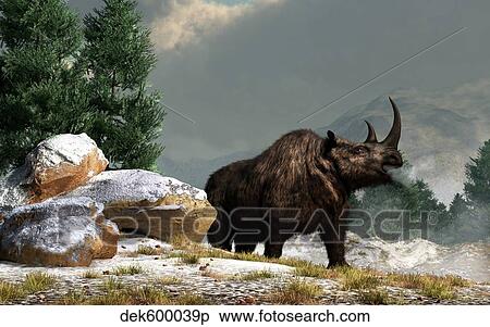 A woolly rhinoceros in the snow, Pleistocene epoch. View Large Illustration Stock Illustration - A woolly rhinoceros in the snow, Pleistocene epoch.. Fotosearch