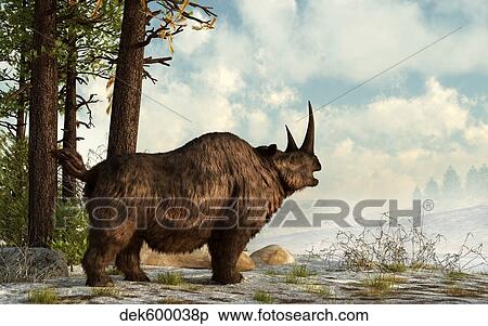 A woolly rhinoceros trudges through the snow, Pleistocene epoch. View Large Illustration Stock Illustration - A woolly rhinoceros trudges through the snow, Pleistocene epoch.. Fotosearch