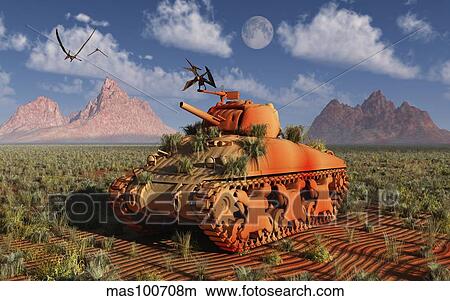 Stock Illustration - A World War II American Sherman tank out of context and time.. Fotosearch