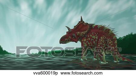 A Xenoceratops in the shallow waters of a prehistoric river. View Large Illustration Stock Illustration - A Xenoceratops in the shallow waters of a prehistoric river.. Fotosearch
