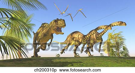Stock Illustration - A Yangchuanosaurus chasing two Massospondylus dinosaurs.. Fotosearch