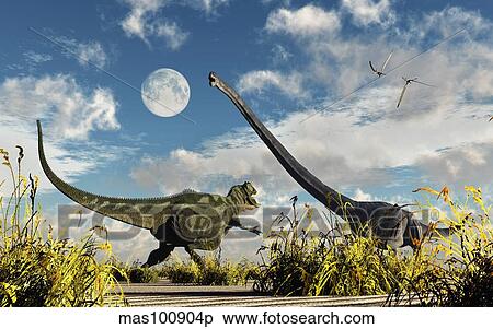 Stock Illustration - A Yangchuanosaurus dinosaur confronting an Omeisaurus.. Fotosearch