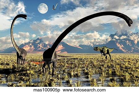 Stock Illustration - A Yangchuanosaurus dinosaur stalking an Omeisaurus.. Fotosearch