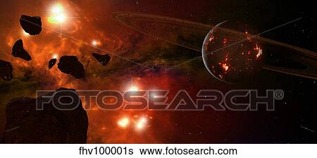 A young ringed planet with glowing lava and asteroids in the foreground. View Large Illustration Stock Illustration - A young ringed planet with glowing lava and asteroids in the foreground.. Fotosearch