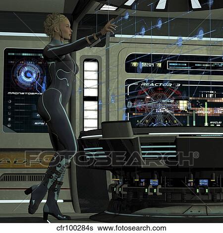 Stock Illustration - A young woman operating a holographic control center.. Fotosearch