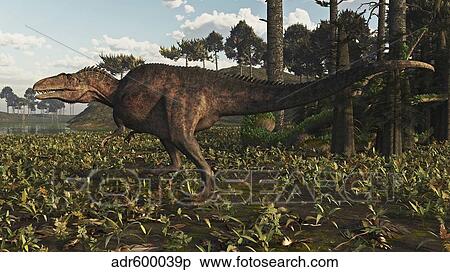 Acrocanthosaurus dinosaur roaming a Cretaceous landscape. View Large Illustration Stock Illustration - Acrocanthosaurus dinosaur roaming a Cretaceous landscape.. Fotosearch