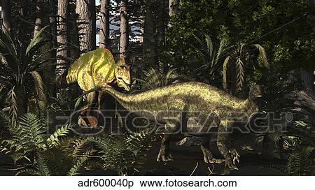 Acrocanthosaurus hunting Tenontosaurus in a forest. View Large Illustration Stock Illustration - Acrocanthosaurus hunting Tenontosaurus in a forest.. Fotosearch