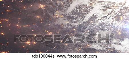 Stock Illustration - Aerial view of a planet ripped apart from the inside by the pressure of lava.. Fotosearch