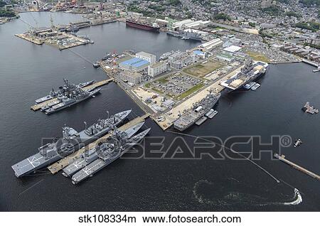 Aerial view of military ships moored at Sasebo, Japan. View Large Photo Image Picture - Aerial view of military ships moored at Sasebo, Japan.. Fotosearch