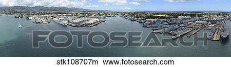 Picture - Aerial view of military ships moored at Joint Base Pearl Harbor-Hickam, Hawaii.. Fotosearch