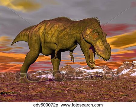 Aggressive Tyrannosaurus Rex dinosaur walking in the desert. View Large Illustration Stock Illustration - Aggressive Tyrannosaurus Rex dinosaur walking in the desert.. Fotosearch