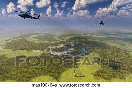 AH-64 Apache Black Ops helicopters flying around a crop circle with UFO at center. View Large Illustration Stock Illustration - AH-64 Apache Black Ops helicopters flying around a crop circle with UFO at center.. Fotosearch