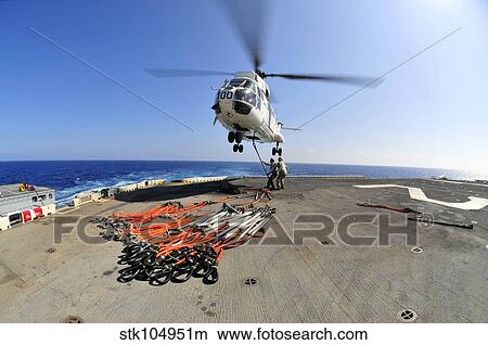 Airmen attach pallet rigs to an SA-330J Puma helicopter aboard USS Essex. View Large Photo Image Picture - Airmen attach pallet rigs to an SA-330J Puma helicopter aboard USS Essex.. Fotosearch
