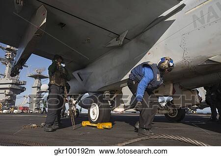 Picture - Airmen chain down an F/A-18E Super Hornet.. Fotosearch