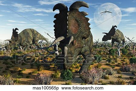 Albertaceratops dinosaurs grazing. View Large Illustration Stock Illustration - Albertaceratops dinosaurs grazing.. Fotosearch