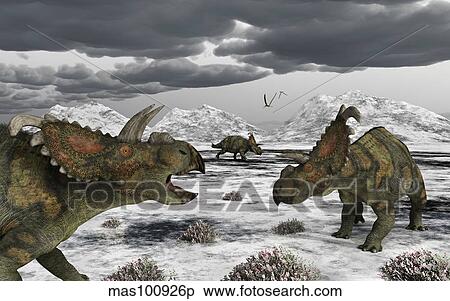 Albertaceratops during their winter migration. View Large Illustration Stock Illustration - Albertaceratops during their winter migration.. Fotosearch