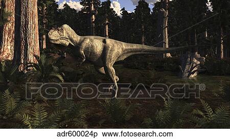 Stock Illustration - Albertosaurus sarcophagus wanders a prehistoric forest.. Fotosearch