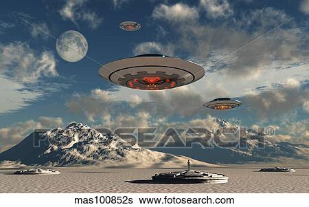 Stock Illustration - Alien base with UFOs located in the Antarctic.. Fotosearch