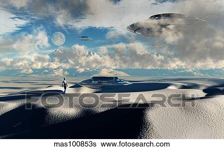 Alien base with UFOs located in the Antarctic. View Large Illustration Stock Illustration - Alien base with UFOs located in the Antarctic.. Fotosearch