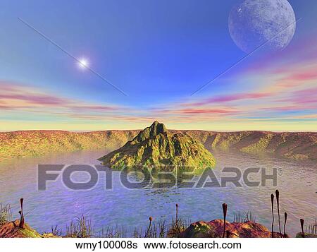 Stock Illustration - Alien flora flourishes in an impact crater on an earth-like planet.. Fotosearch