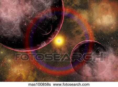 Alien planets located in a vast colorful gaseous nebula. View Large Illustration Stock Illustration - Alien planets located in a vast colorful gaseous nebula.. Fotosearch