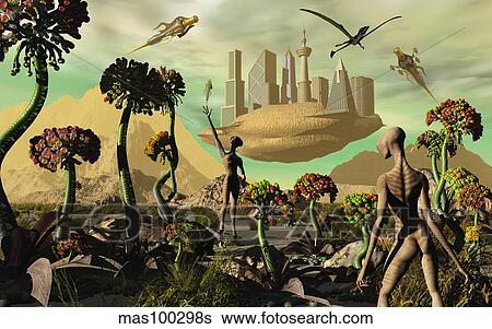 Alien reptoid beings tend to a garden located on their distant world. View Large Illustration Stock Illustration - Alien reptoid beings tend to a garden located on their distant world.. Fotosearch
