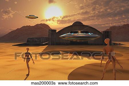 Alien reptoids and their flying saucers at Area 51. View Large Illustration Stock Illustration - Alien reptoids and their flying saucers at Area 51.. Fotosearch