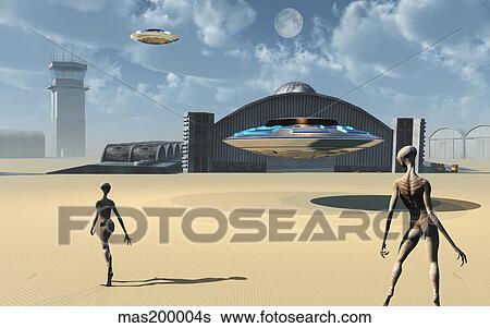 Stock Illustration - Alien reptoids and their flying saucers at Area 51.. Fotosearch