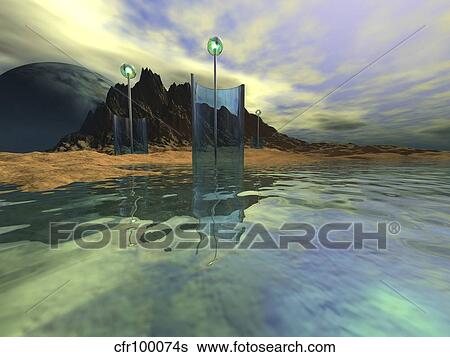 Alien structures gather light for energy on this world. View Large Illustration Stock Illustration - Alien structures gather light for energy on this world.. Fotosearch