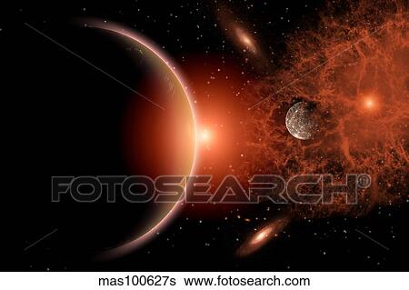 Alien sunrise on a distant alien world. View Large Illustration Stock Illustration - Alien sunrise on a distant alien world.. Fotosearch