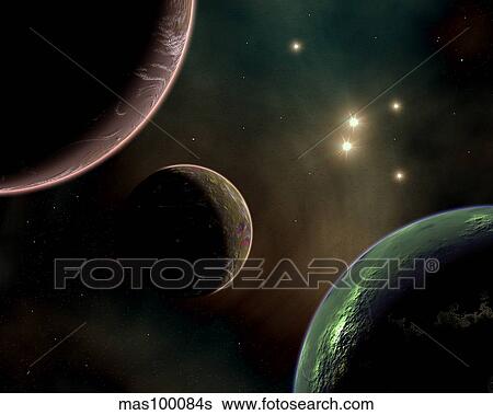Stock Illustration - Alien worlds that orbit different types of stars.. Fotosearch