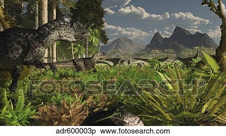 Stock Illustration - Allosaurus and Diplodocus dinosaurs roam western North America.. Fotosearch