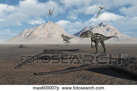 Allosaurus dinosaurs approach a group of dead sauropods. View Large Illustration Stock Illustration - Allosaurus dinosaurs approach a group of dead sauropods.. Fotosearch
