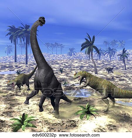 Allosaurus dinosaurs attacking a Brachiosaurus in the desert. View Large Illustration Stock Illustration - Allosaurus dinosaurs attacking a Brachiosaurus in the desert.. Fotosearch
