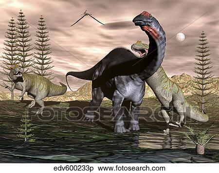 Allosaurus dinosaurs attacking an Apatosaurus. View Large Illustration Stock Illustration - Allosaurus dinosaurs attacking an Apatosaurus.. Fotosearch
