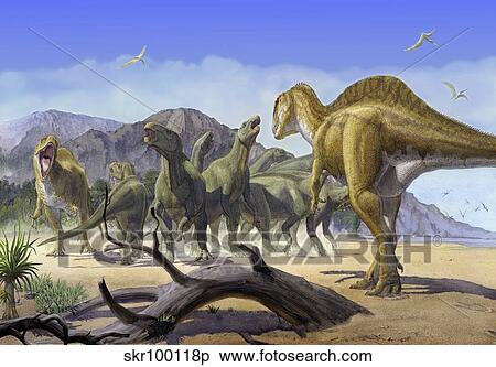 Stock Illustration - Altispinax dunkeri dinosaurs attack a group of Iguanodon.. Fotosearch