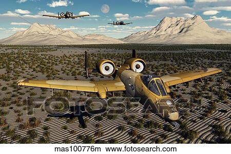 American A-10 Thunderbolts flying in formation over a desert landscape. View Large Illustration Stock Illustration - American A-10 Thunderbolts flying in formation over a desert landscape.. Fotosearch
