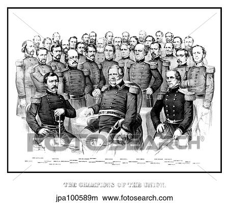 Stock Illustration - American Civil War print featuring a group portrait of early war Union Generals.. Fotosearch