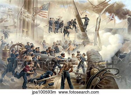 Stock Illustration - American Civil War print showing a battle between Union and Confederate ships.. Fotosearch