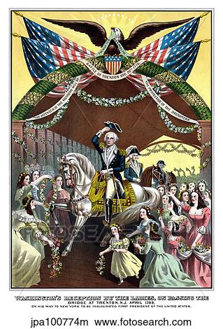 Stock Illustration - American Revolutionary War print of General George Washington on horseback.. Fotosearch