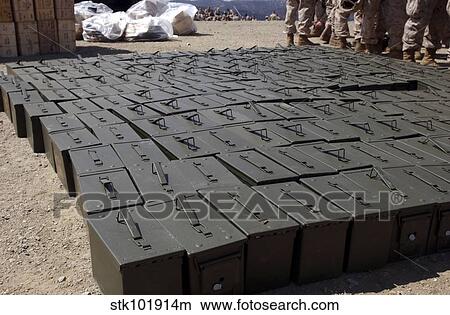 Ammunition boxes sit covered and aligned. View Large Photo Image Picture - Ammunition boxes sit covered and aligned.. Fotosearch