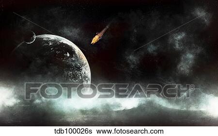 An abandoned planet about to get hit by a gigantic asteroid. View Large Illustration Stock Illustration - An abandoned planet about to get hit by a gigantic asteroid.. Fotosearch