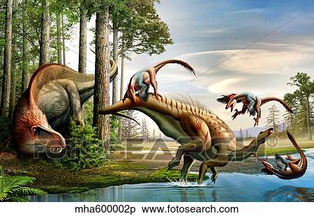 An Acrocanthosaurus observes a Tenontosaurus being attacked by Deinonychus. View Large Illustration Stock Illustration - An Acrocanthosaurus observes a Tenontosaurus being attacked by Deinonychus.. Fotosearch