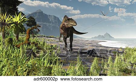 An Acrocanthosaurus roams an Early Cretaceous North America. View Large Illustration Stock Illustration - An Acrocanthosaurus roams an Early Cretaceous North America.. Fotosearch