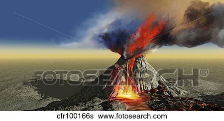 Stock Illustration - An active volcano belches smoke and molten red lava in an eruption.. Fotosearch