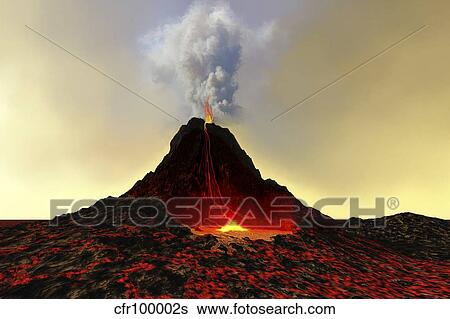 Stock Illustration - An active volcano spews out hot red lava and smoke.. Fotosearch