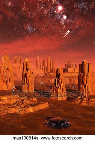 An advanced race exploring the ancient relics of a martian civilization. View Large Illustration Stock Illustration - An advanced race exploring the ancient relics of a martian civilization.. Fotosearch