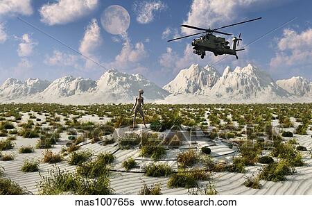 An AH-64 Apache Black Ops helicopter flying to a UFO landing site. View Large Illustration Stock Illustration - An AH-64 Apache Black Ops helicopter flying to a UFO landing site.. Fotosearch