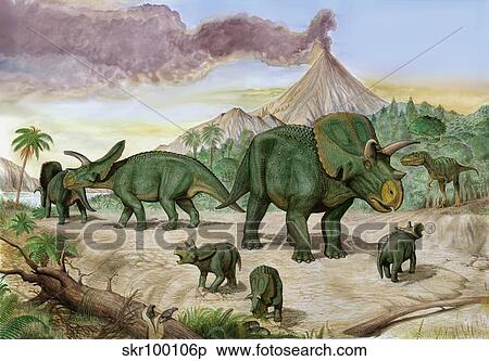 Stock Illustration - An Albertosaurus observes a family of Arrhinoceratops.. Fotosearch