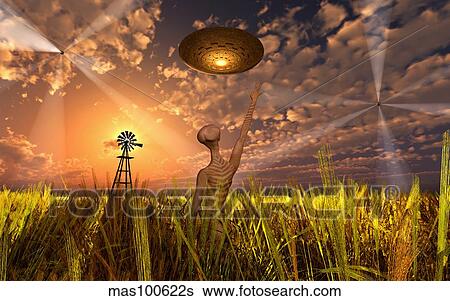 An alien being directing its spacecraft to make crop circles. View Large Illustration Stock Illustration - An alien being directing its spacecraft to make crop circles.. Fotosearch